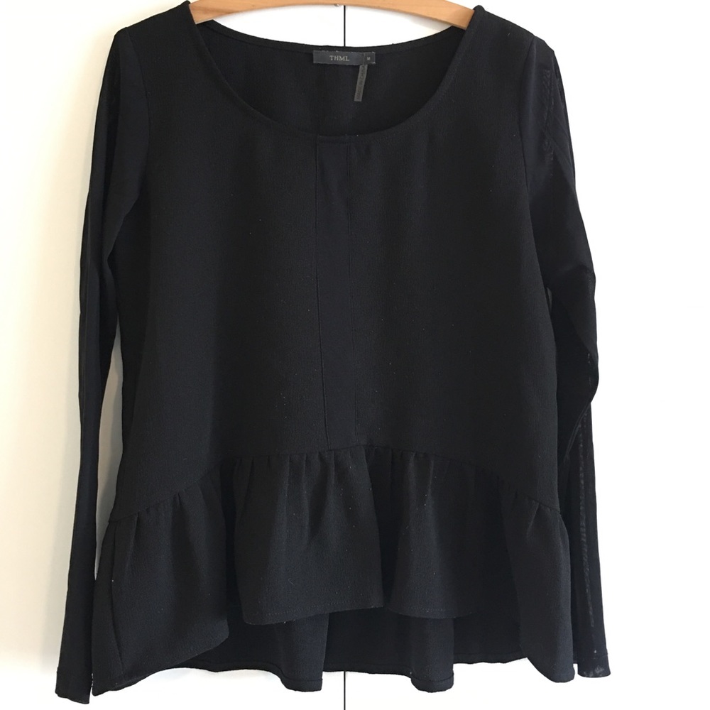 THML Black Hi-Lo Peplum Long Sleeve Top M